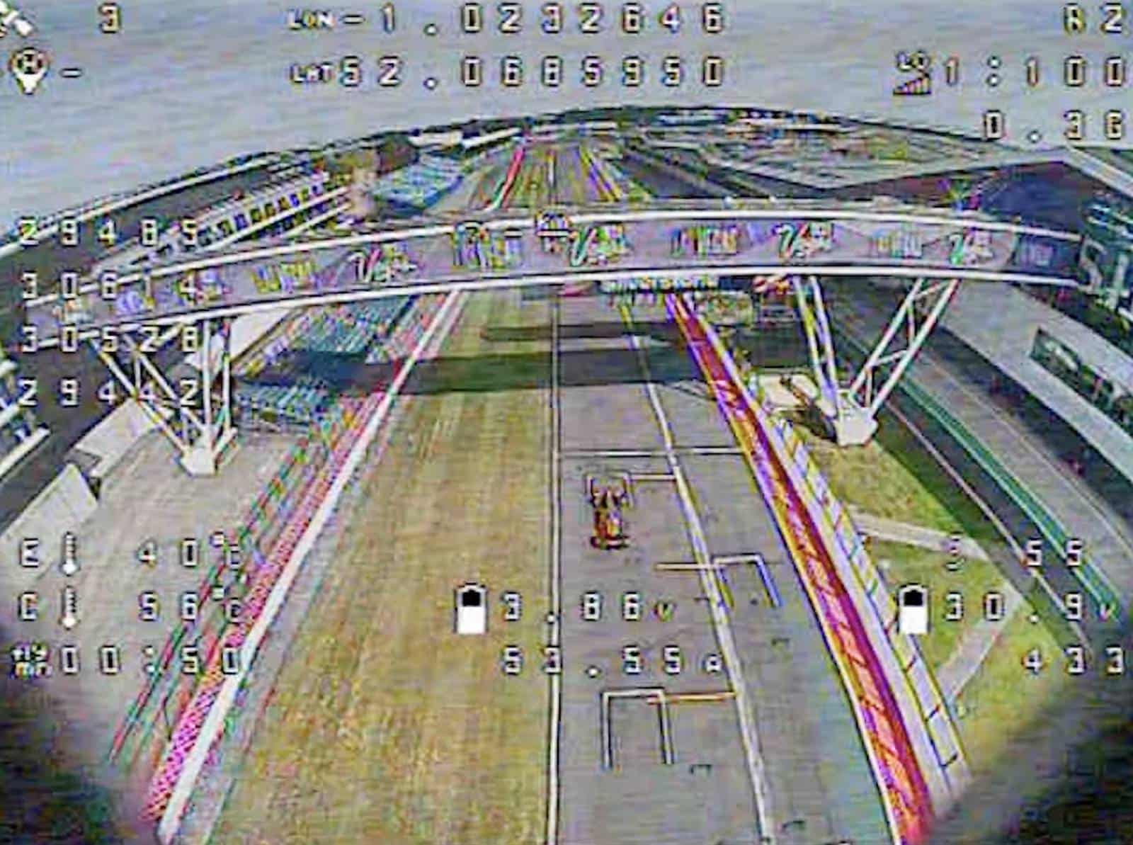 Frame from the making of the world's fastest camera drone at Silverstone.
