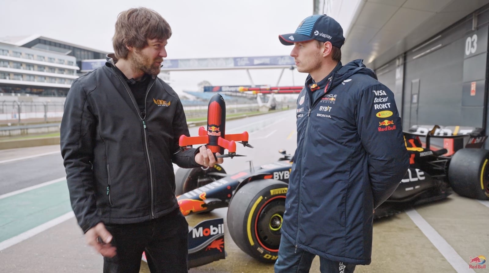 A further frame from the drone versus Formula 1 car challenge.