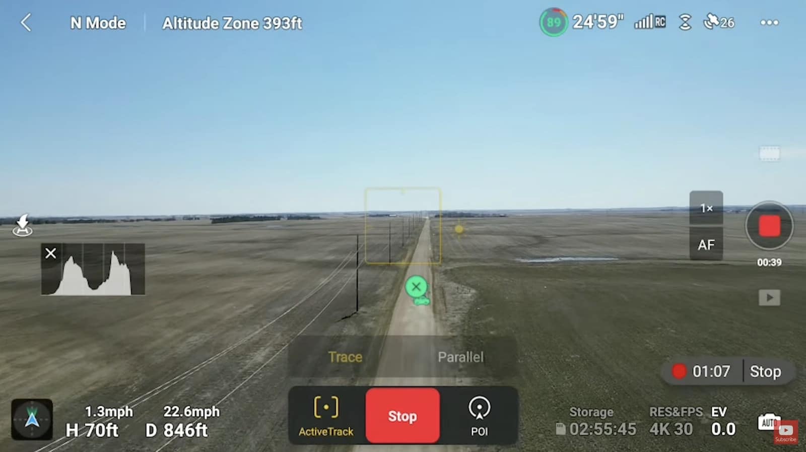 Mini 3 Pro focus tracking a truck driving at 22 mph (35 km/h).