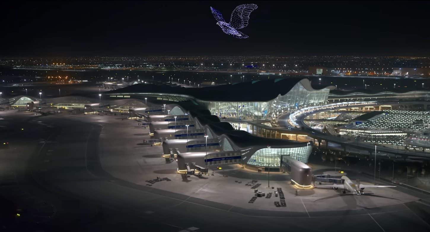 Drone-formed Airbus A380 simulating a landing on the airport's North Runway.