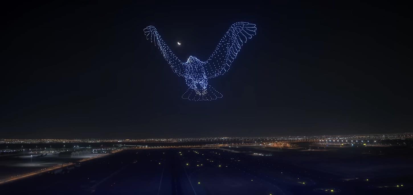 Falcon-shaped drone formation marking the rebranding of Zayed International Airport.