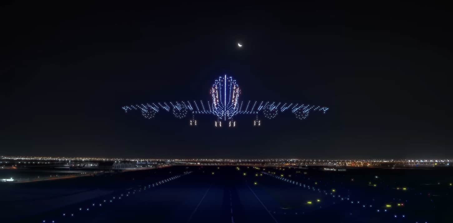 SKYMAGIC drone show forming an Airbus A380 over Zayed International Airport.