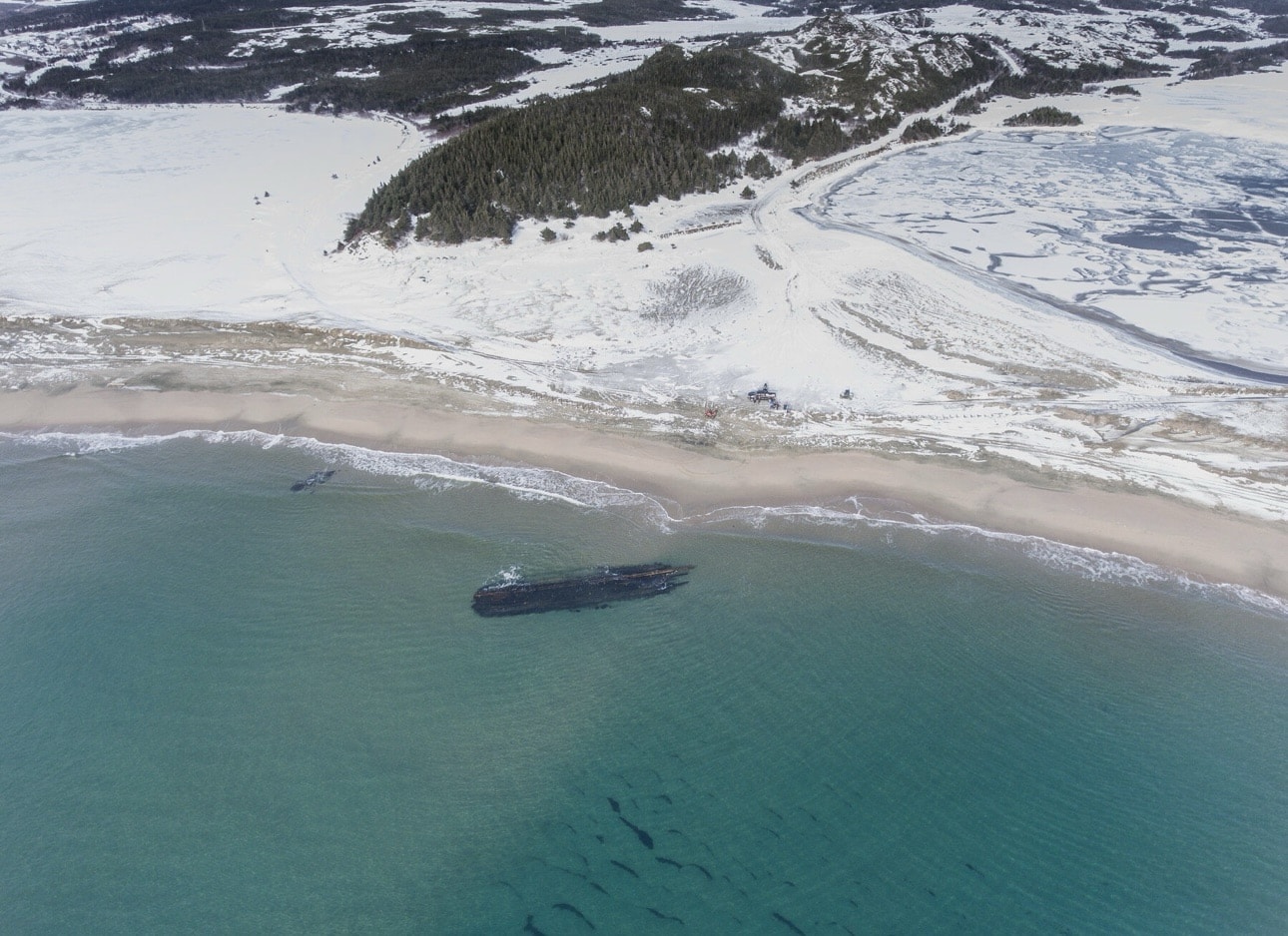 Aerial view by Corey Purchase of the 19th-century shipwreck at Cape Ray, Newfoundland.