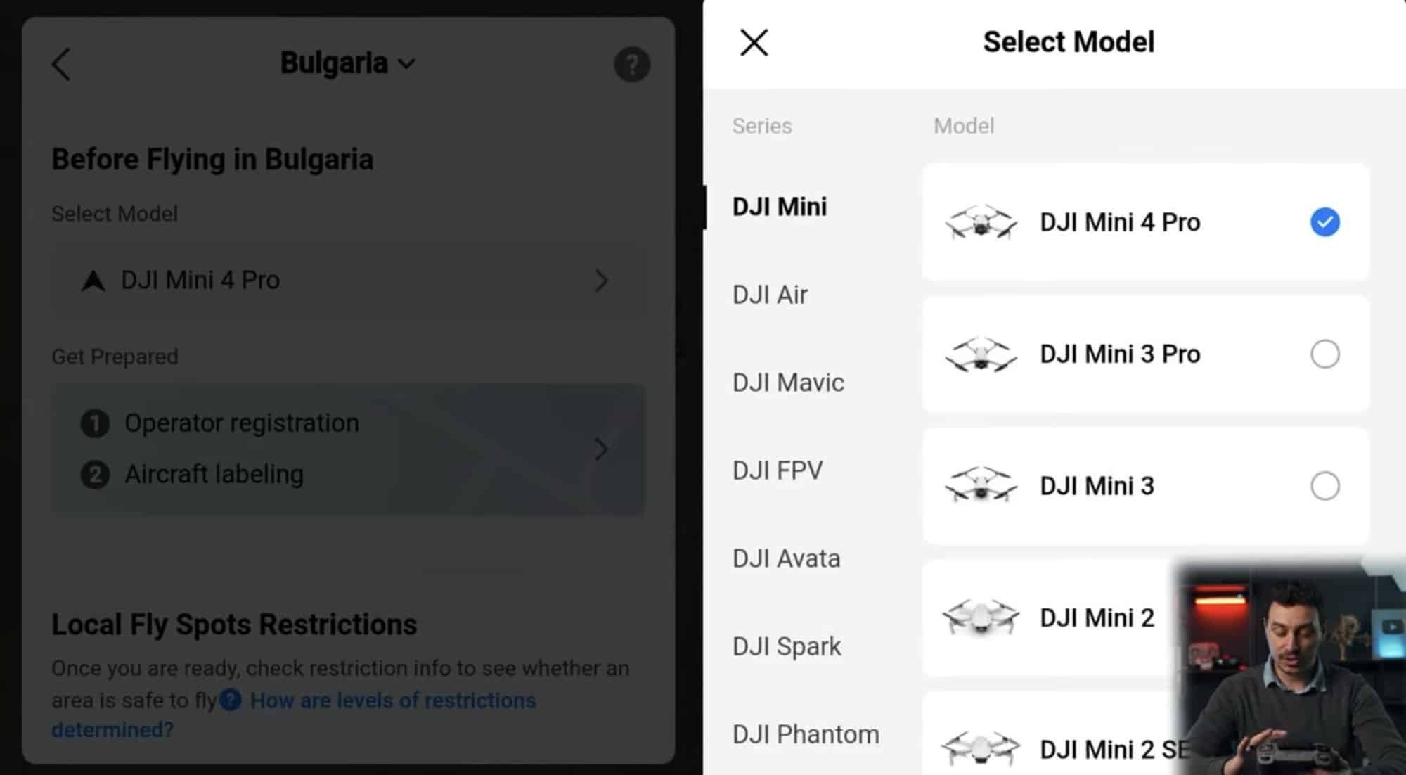 Selecting a DJI Mini 4 Pro in the DJI Fly app Before You Fly flow.