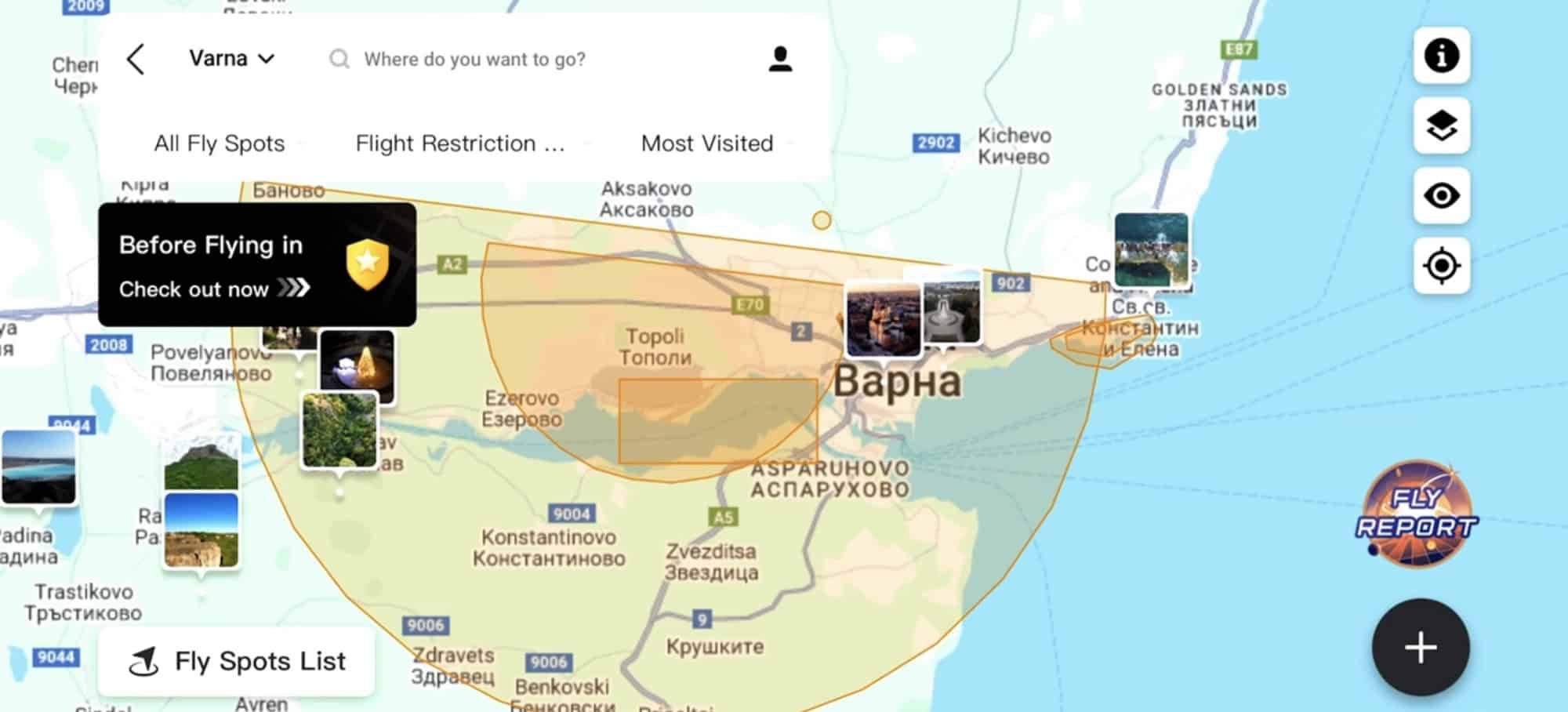 Flying spot thumbnails added by other pilots on the DJI Fly app map.