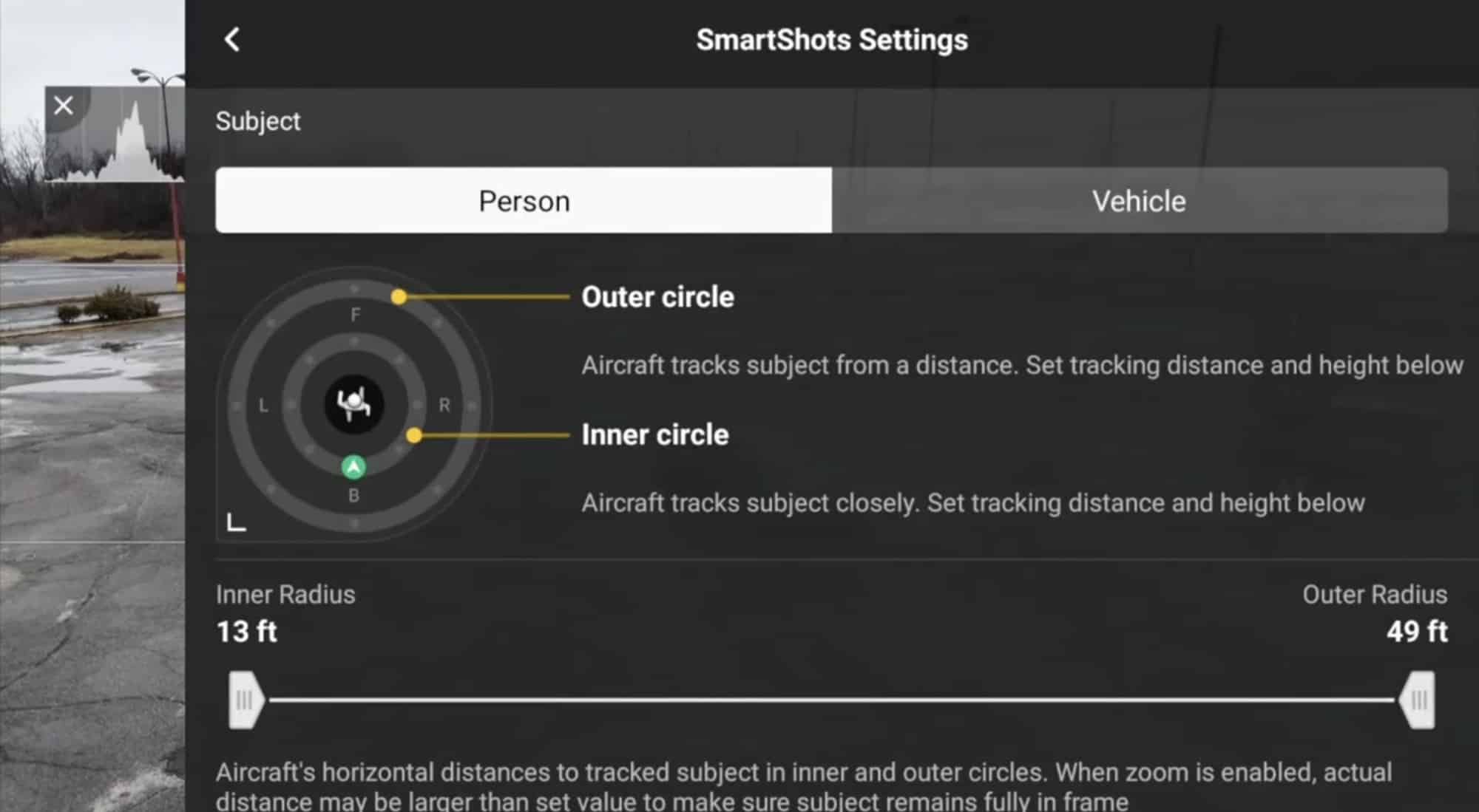 Focus Track settings menu opened from the DJI Fly control tab.
