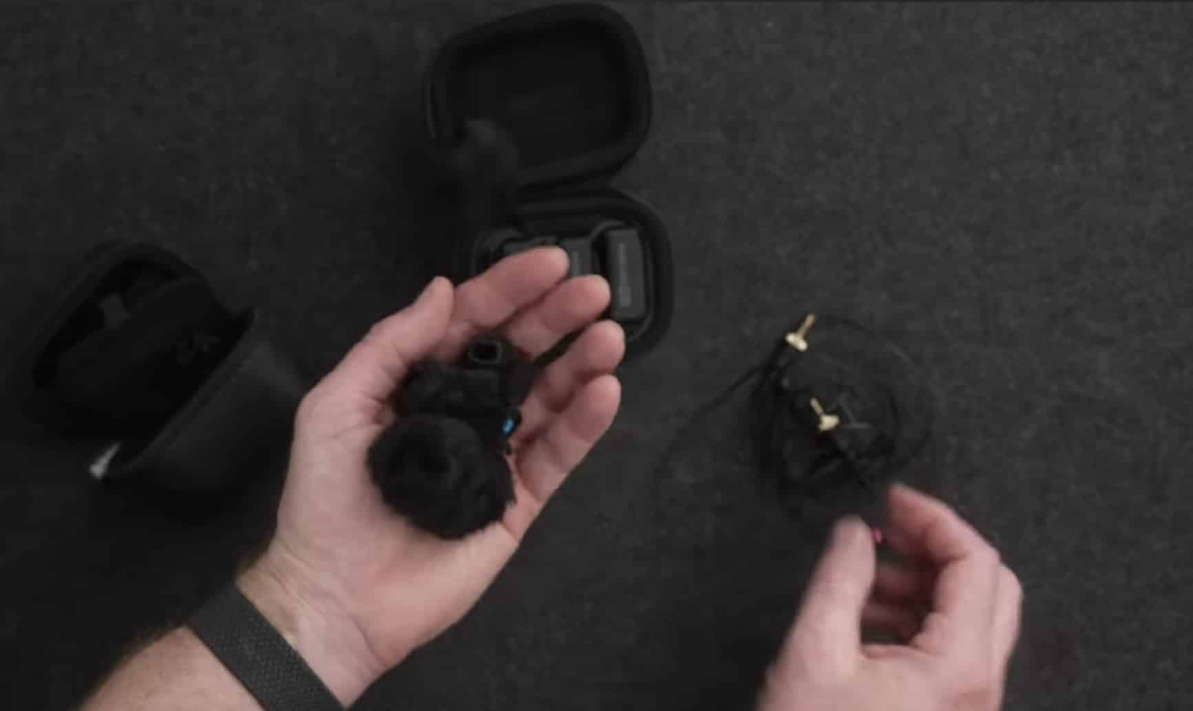 The Rode Wireless Pro compact wireless microphone system laid out for review.