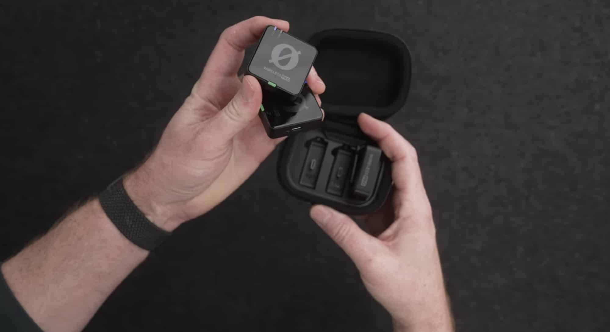 Rode Wireless Pro charging case holding the lavaliers and windscreens.