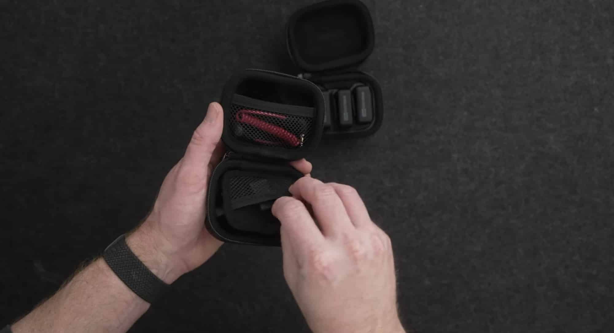 Rode Wireless Pro components stowed together in the charging case.