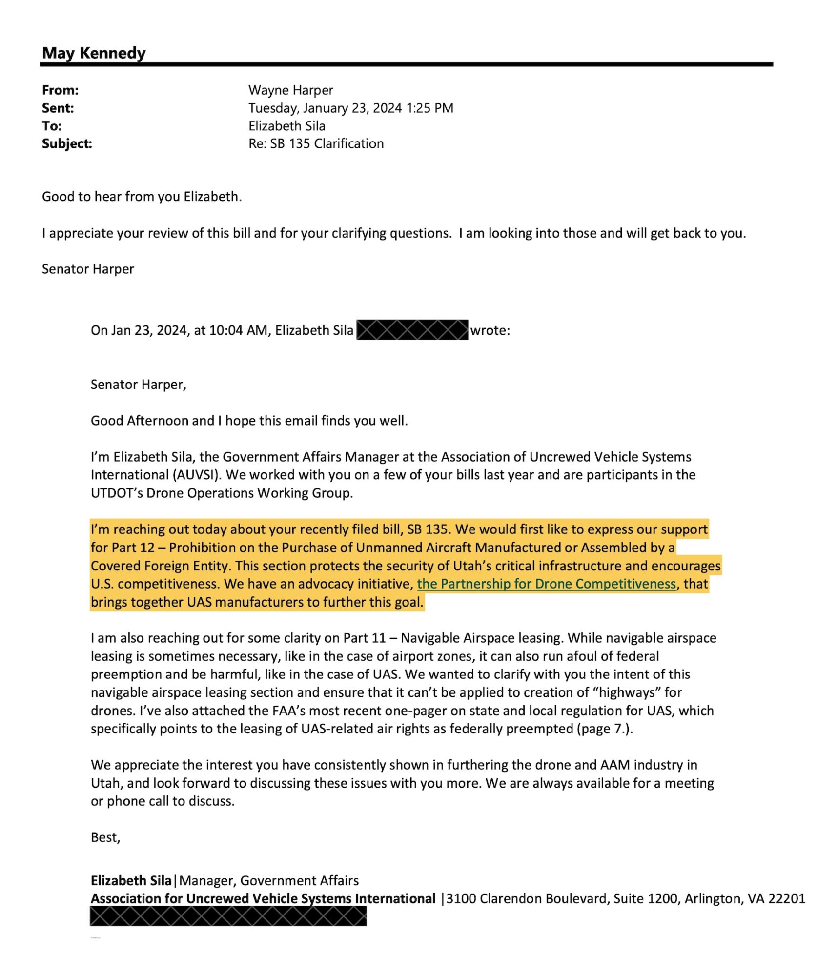 Screenshot of an email exchange between an AUVSI government affairs manager and a Utah senator.