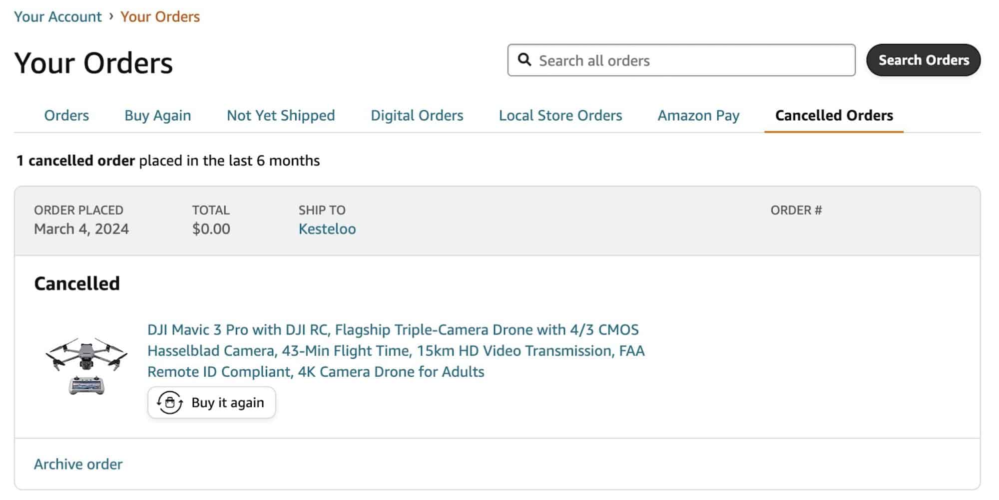 Screenshot of the Amazon orders page showing the cancelled Mavic 3 Pro order.