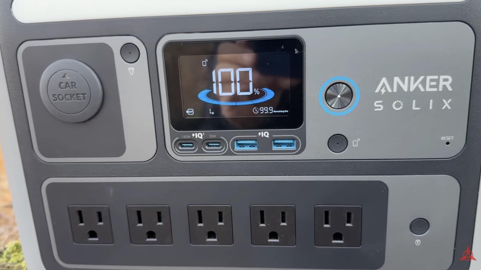 A Keurig coffee maker brewing from the fully charged Anker SOLIX C800 Plus.