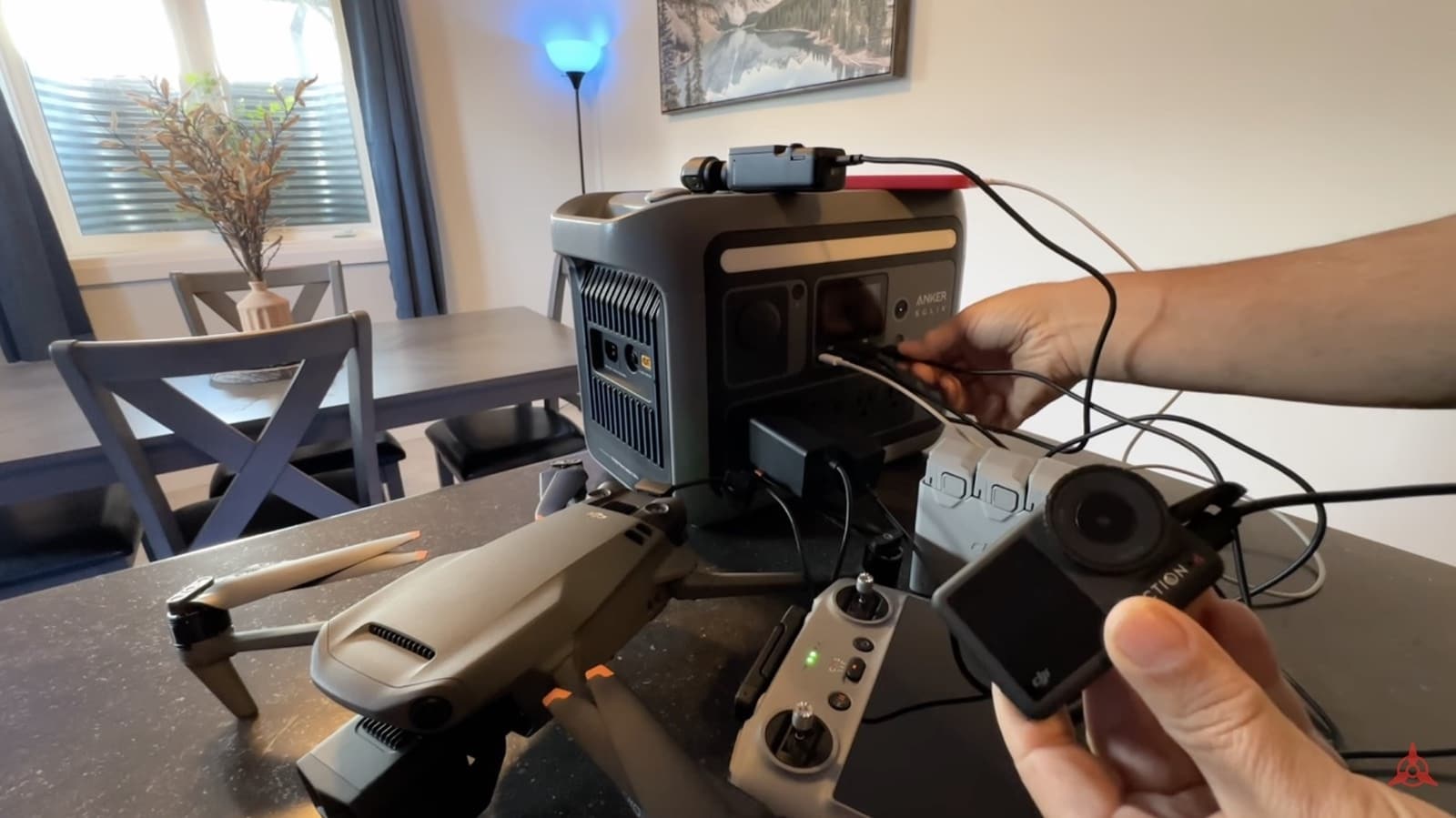 Anker SOLIX C800 Plus charging DJI Mavic 3, Mini 4 Pro and Air 3 batteries at once.