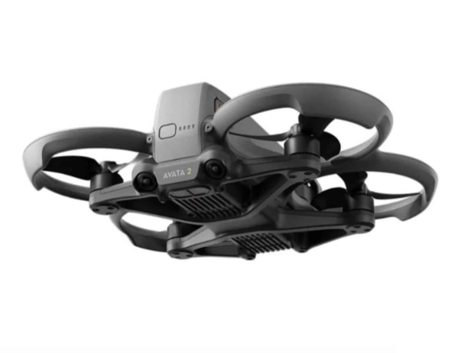 Rear of the DJI Avata 2 with its branding, battery LEDs and two backward-facing sensors.