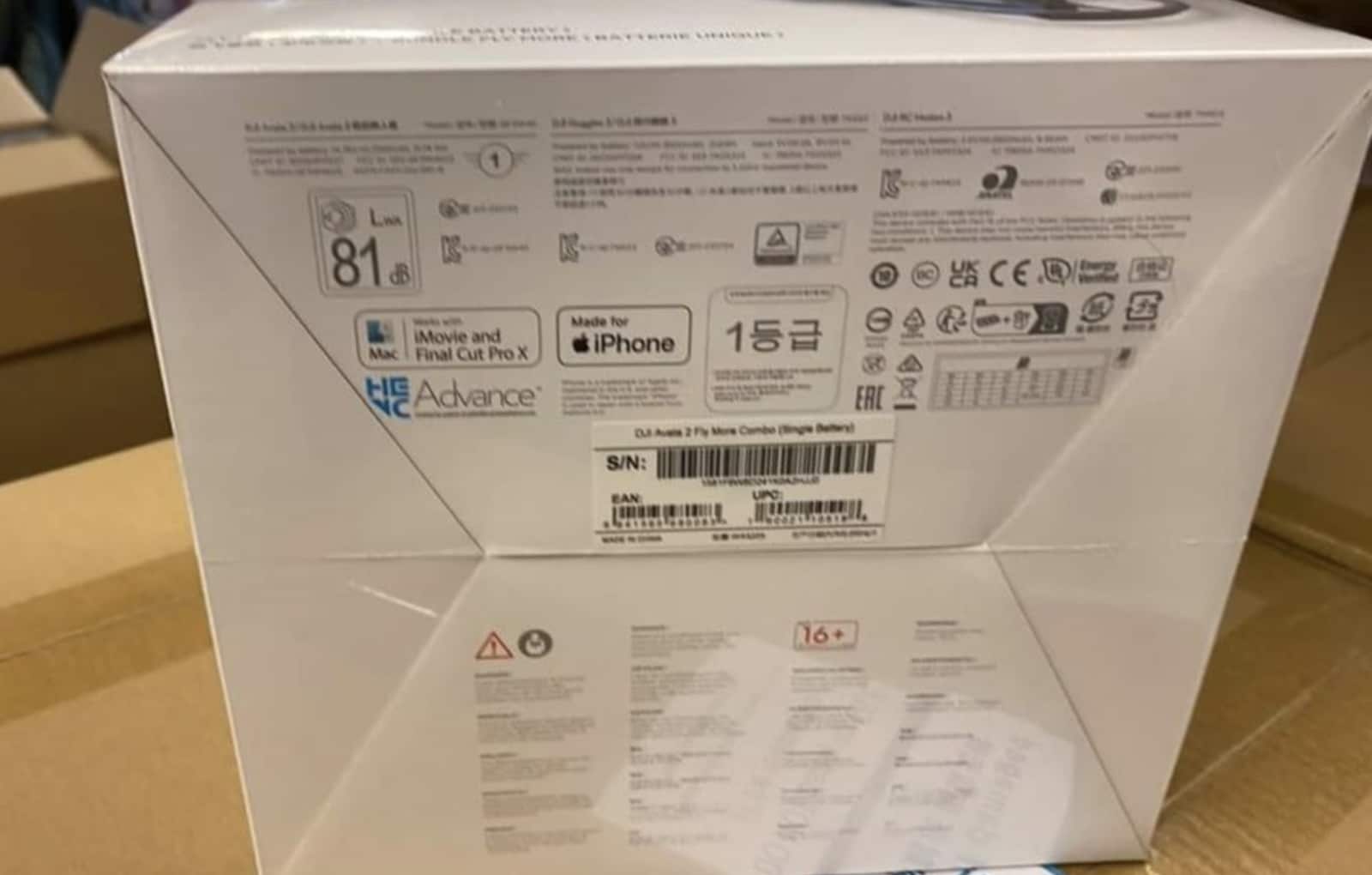 Close-up of the DJI Avata 2 Fly More Combo box label and barcode.