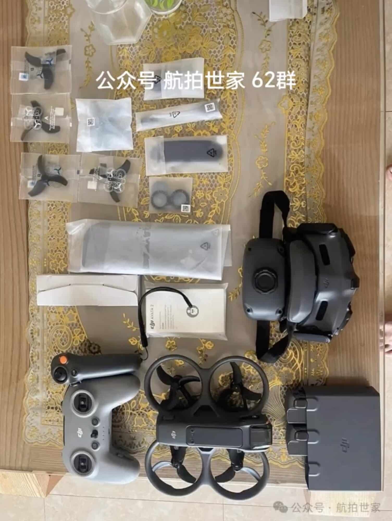Contents of the apparent Avata 2 Fly More Combo, including Goggles 3 and spare batteries.
