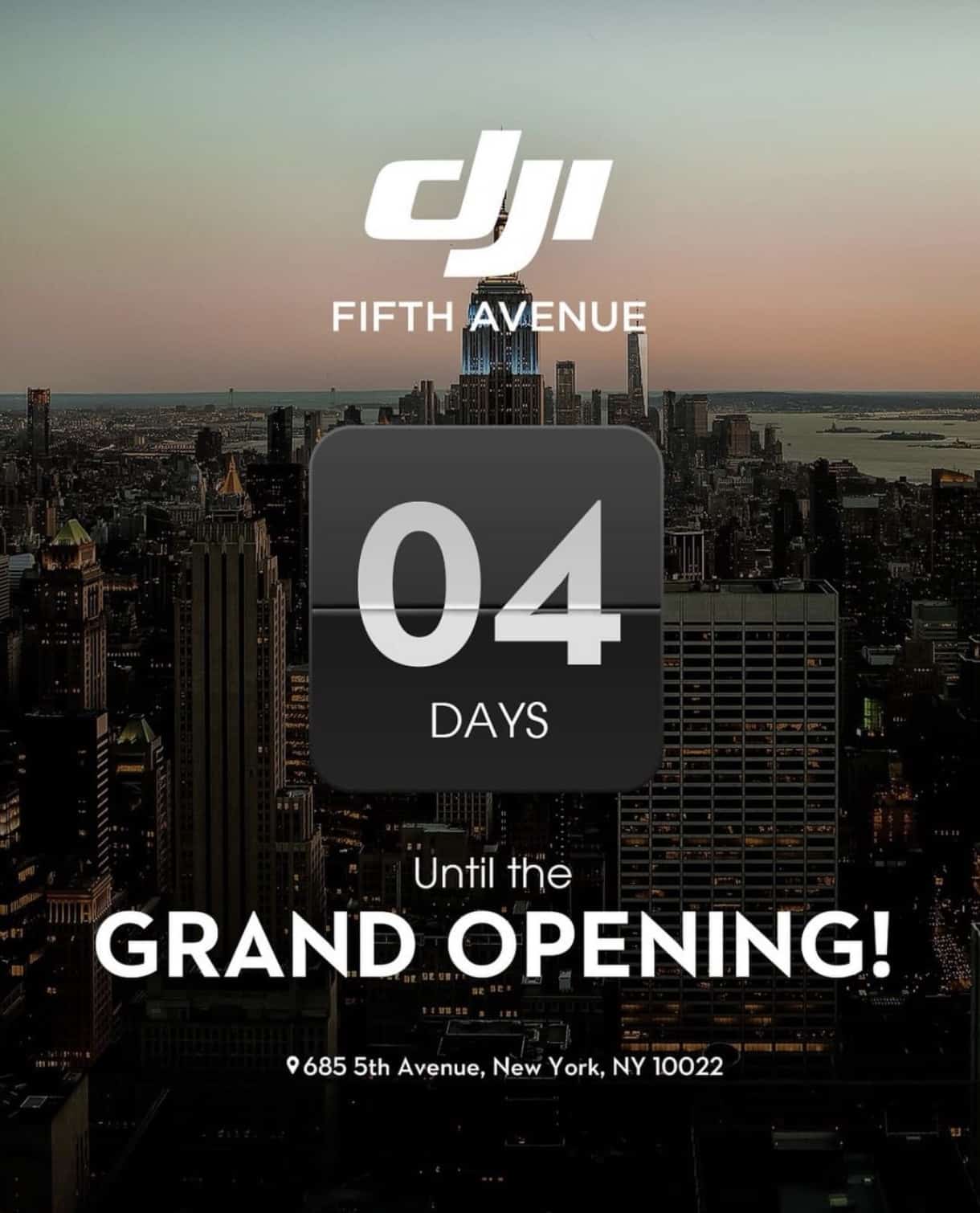 Countdown graphic announcing four days until the DJI Fifth Avenue grand opening.