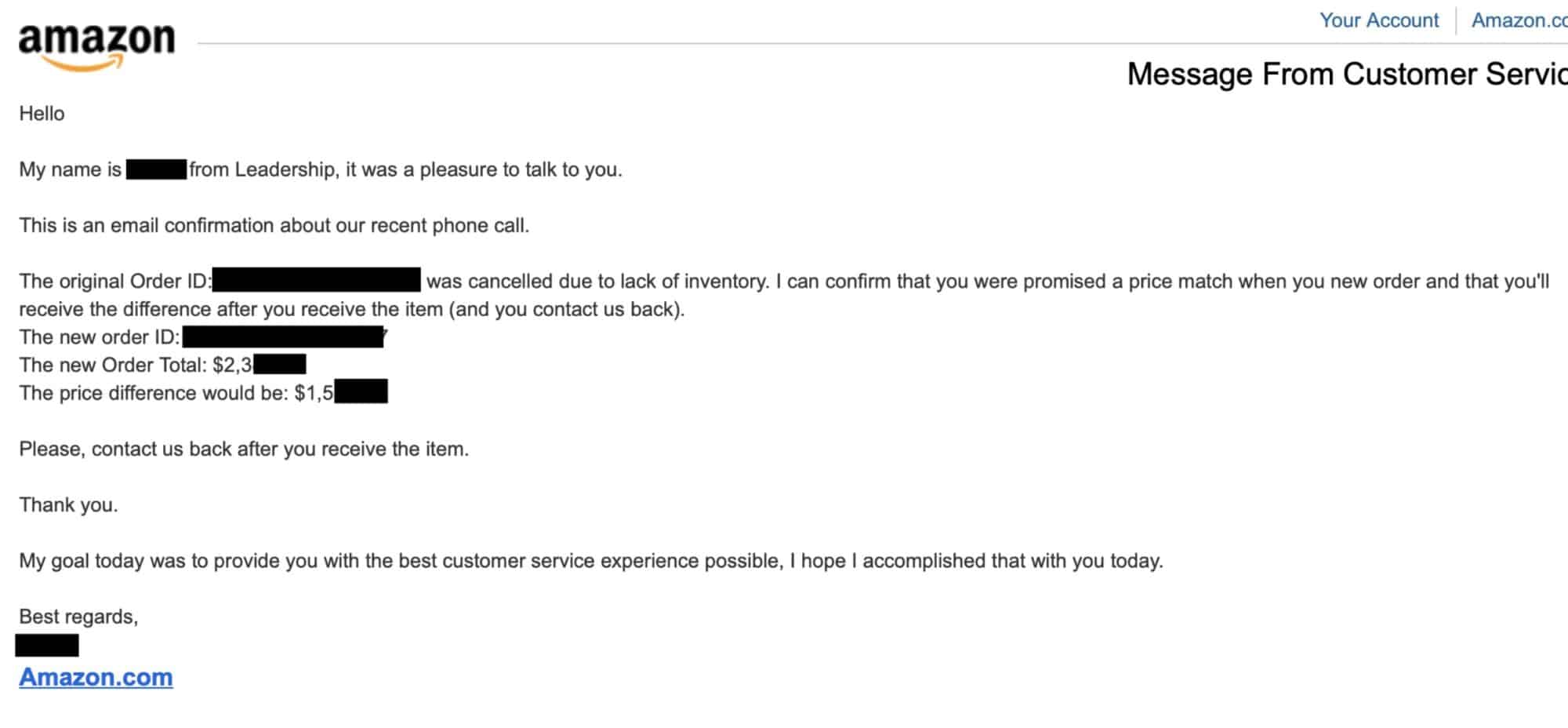 Screenshot of a second Amazon email confirming the promised price difference.