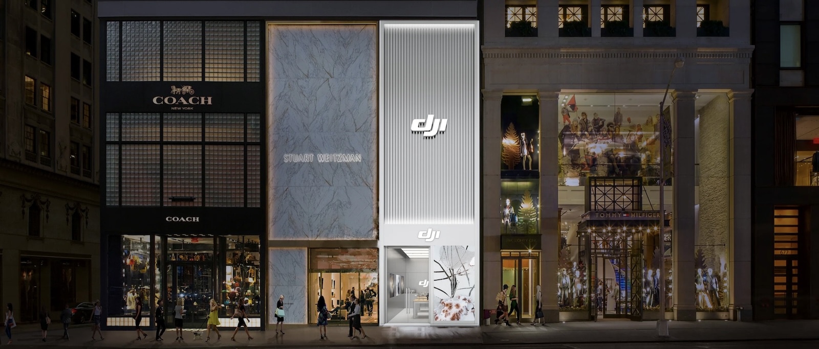 Street view of the DJI storefront on Fifth Avenue beside neighboring luxury shops.