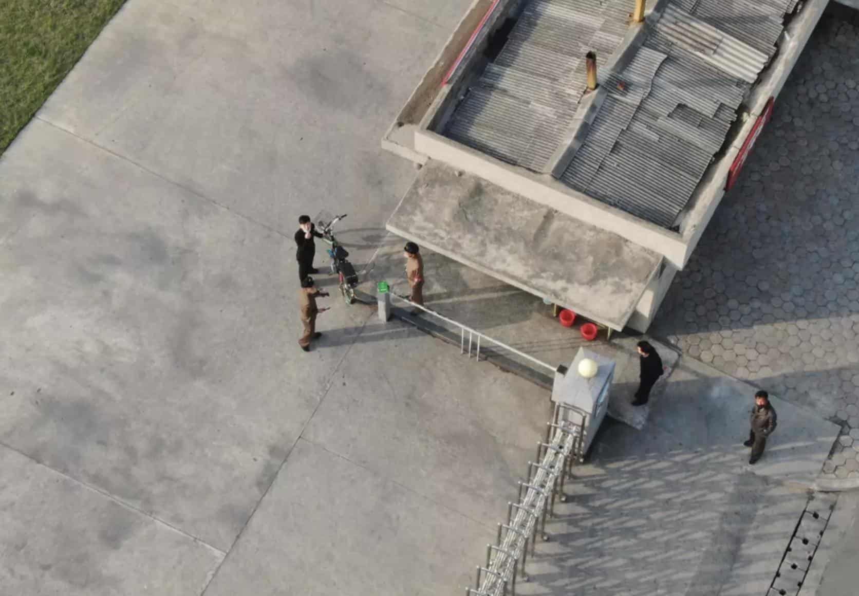 A North Korean government building photographed from the air during the 2020 lockdown.