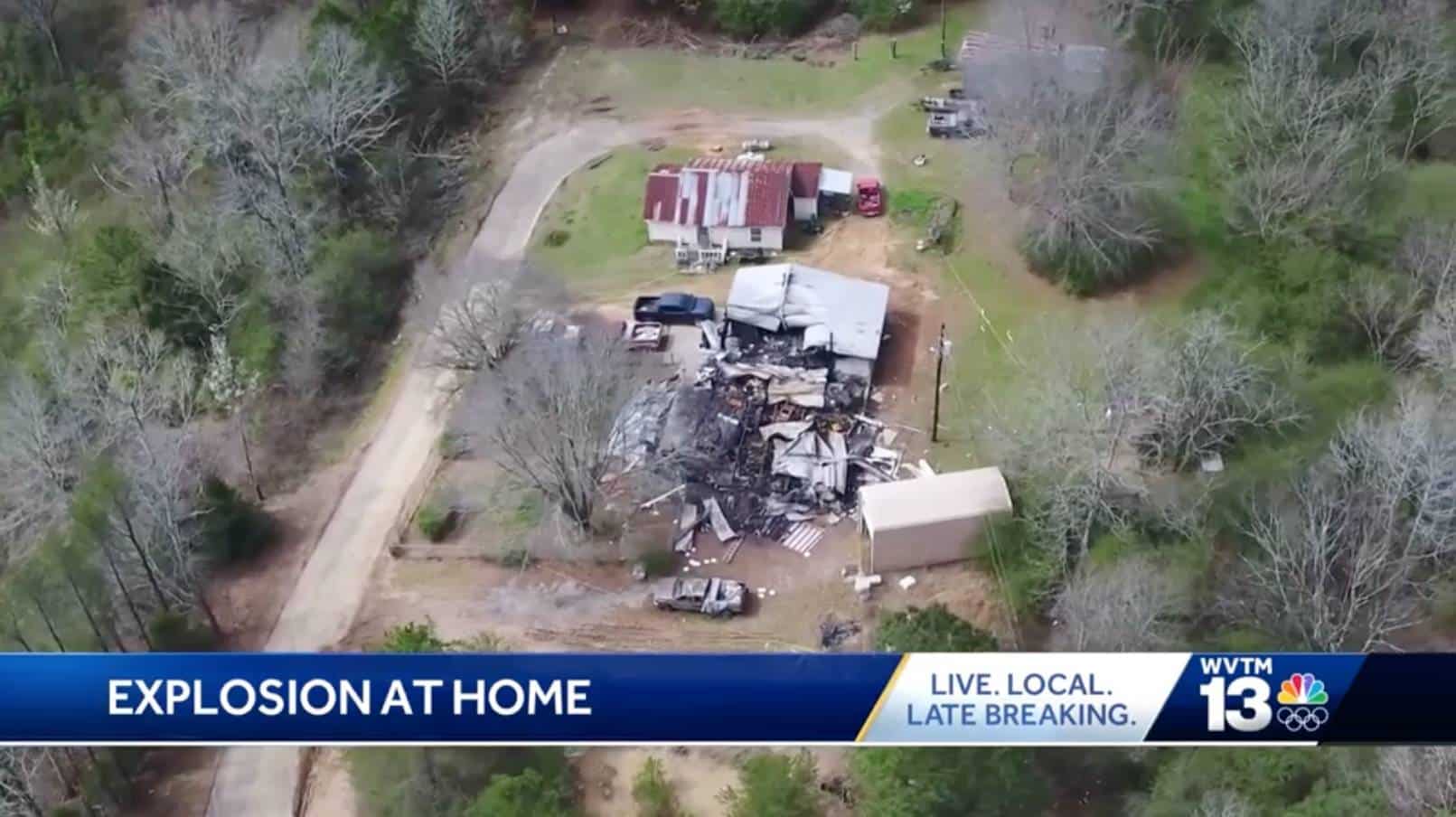 Aerial news footage showing the wreckage of a home destroyed by an explosion.