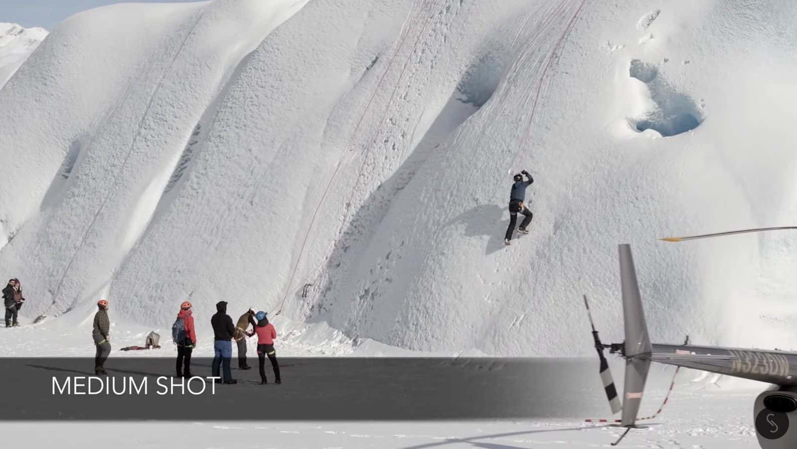 Handheld frame from the ice climbing sequence filmed in Alaska.
