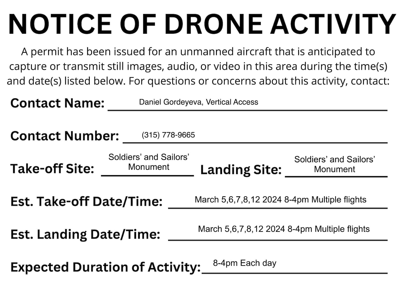 Notice of drone activity permit listing flight dates at the monument.