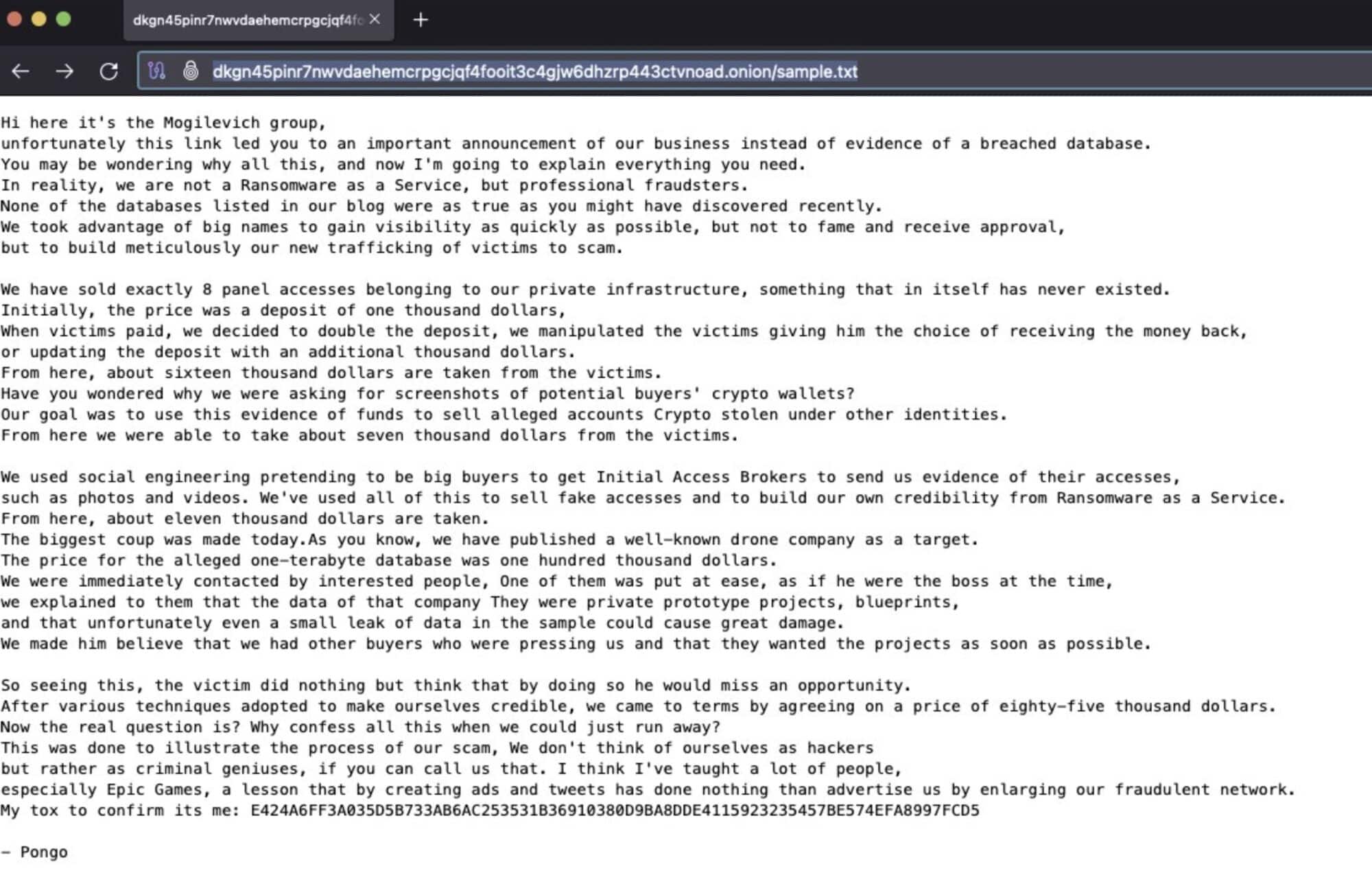 Screenshot of a dark web page carrying the Mogilevich group confession text.