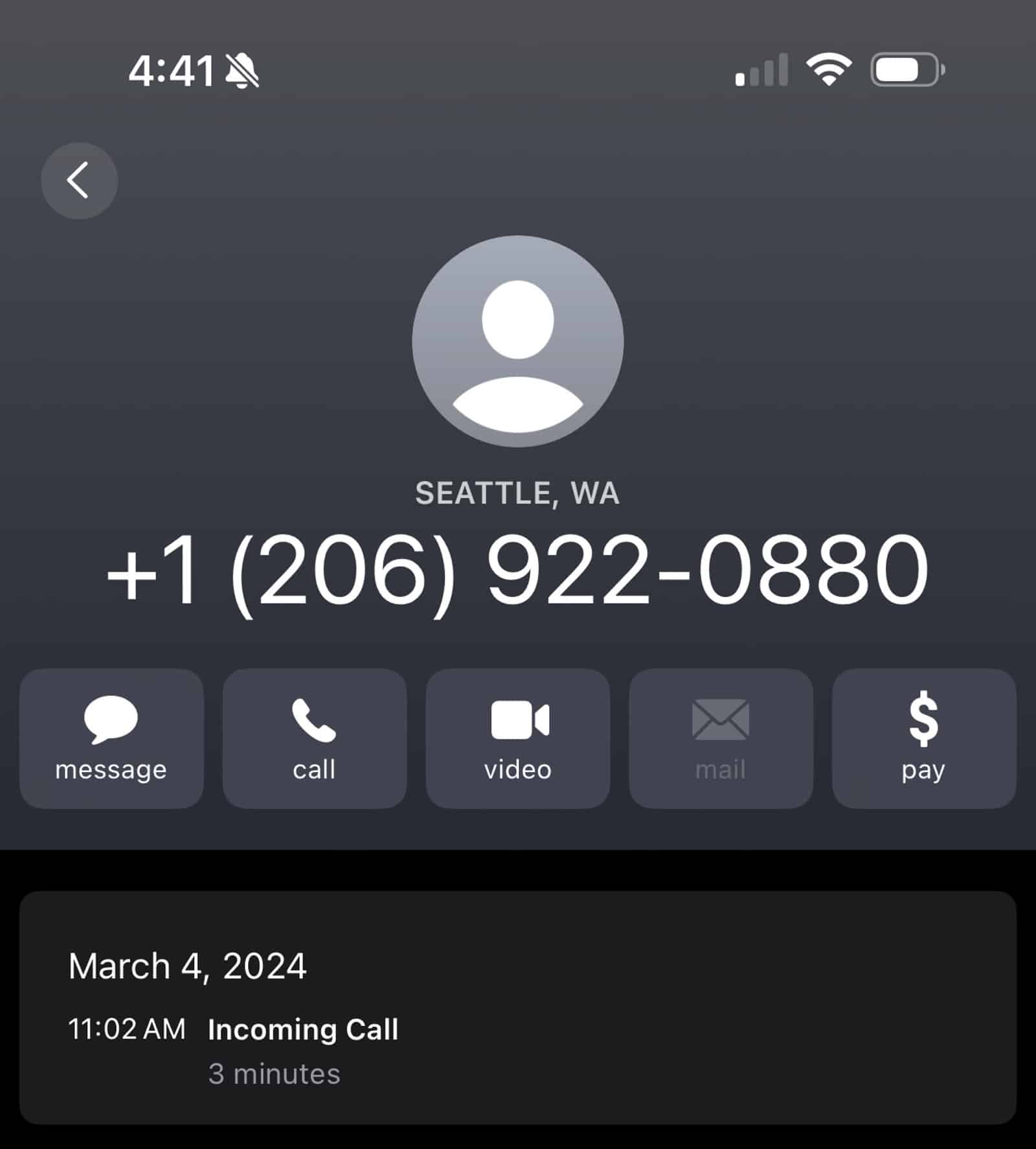 Screenshot of the call log for the three-minute call with Amazon agent Michael E.
