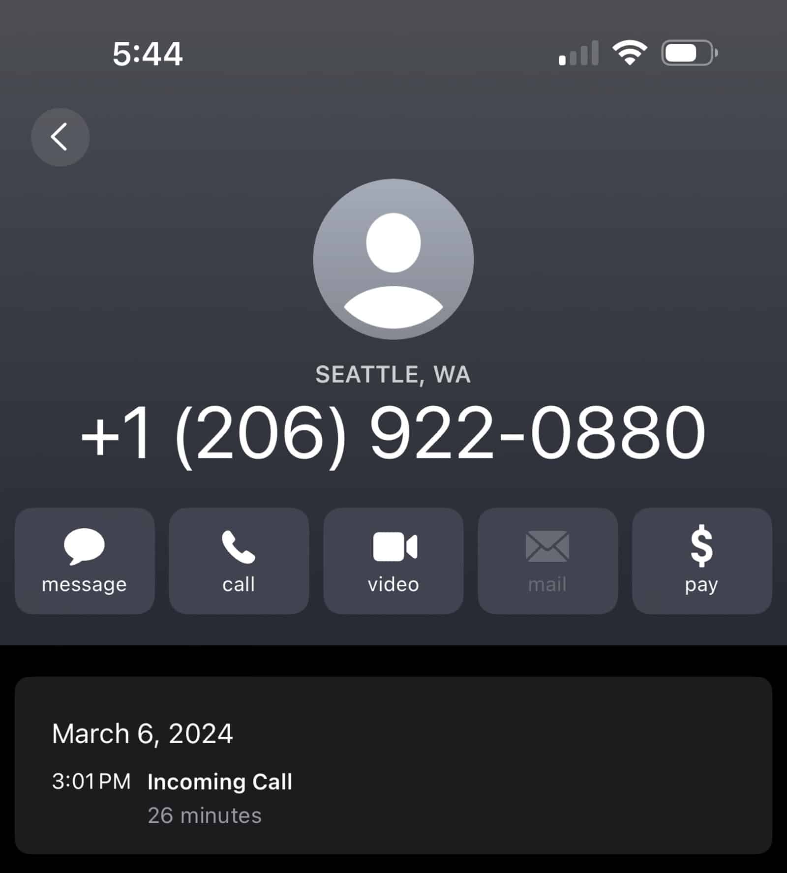 Screenshot of the March 6 call log from the first call about the cancellation.