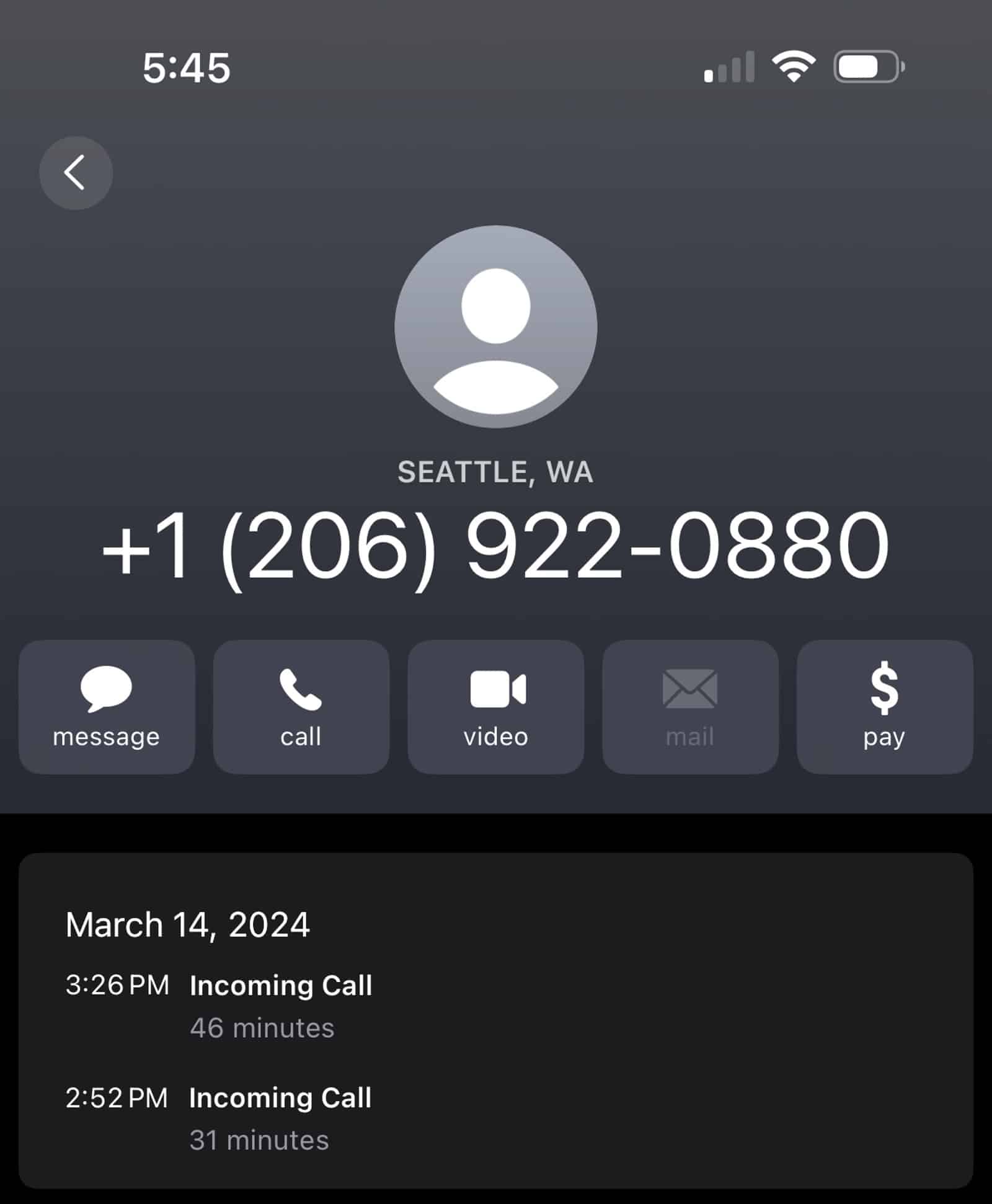 Screenshot of the March 14 call log for the call where agent Angel hung up.