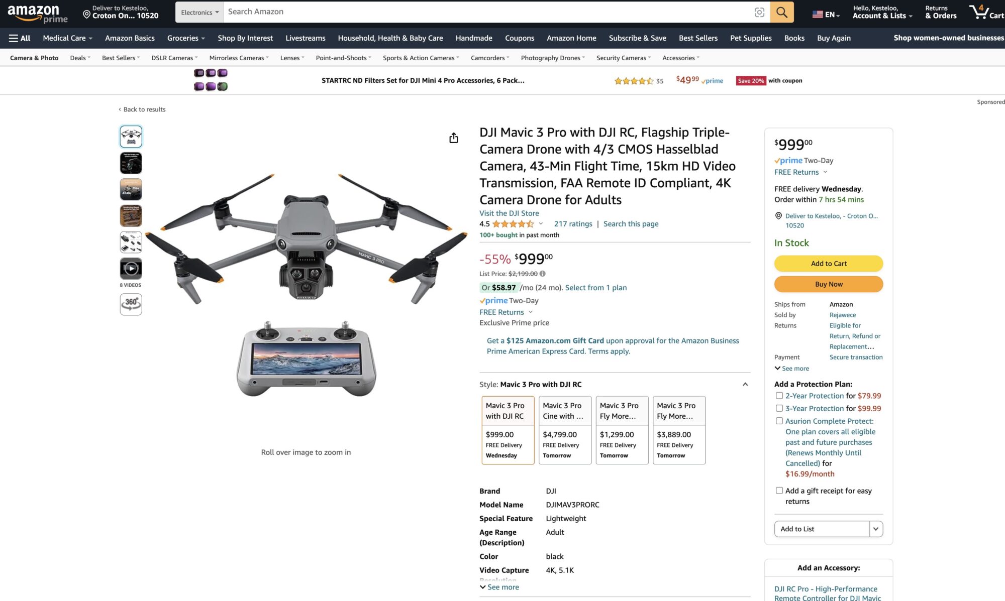 Screenshot of the Amazon listing showing the Mavic 3 Pro discounted from $2,199.