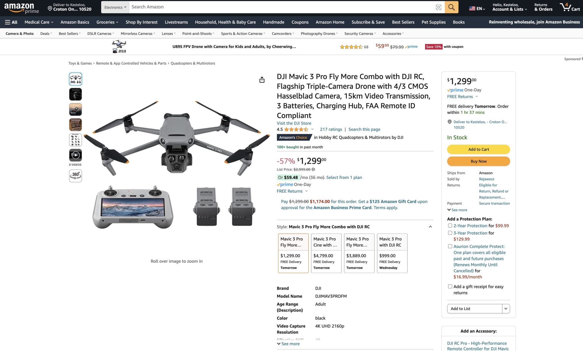 Screenshot of the DJI Mavic 3 Pro listed at $799 on Amazon's official DJI storefront.