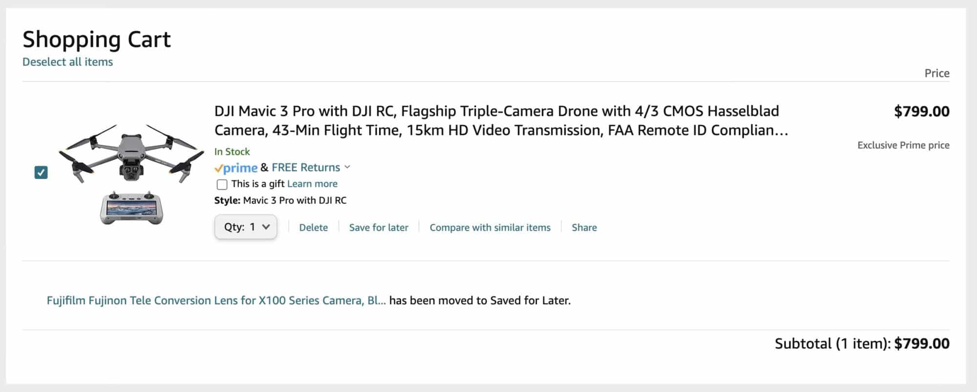 Screenshot of the Amazon order placed for the DJI Mavic 3 Pro on March 4.