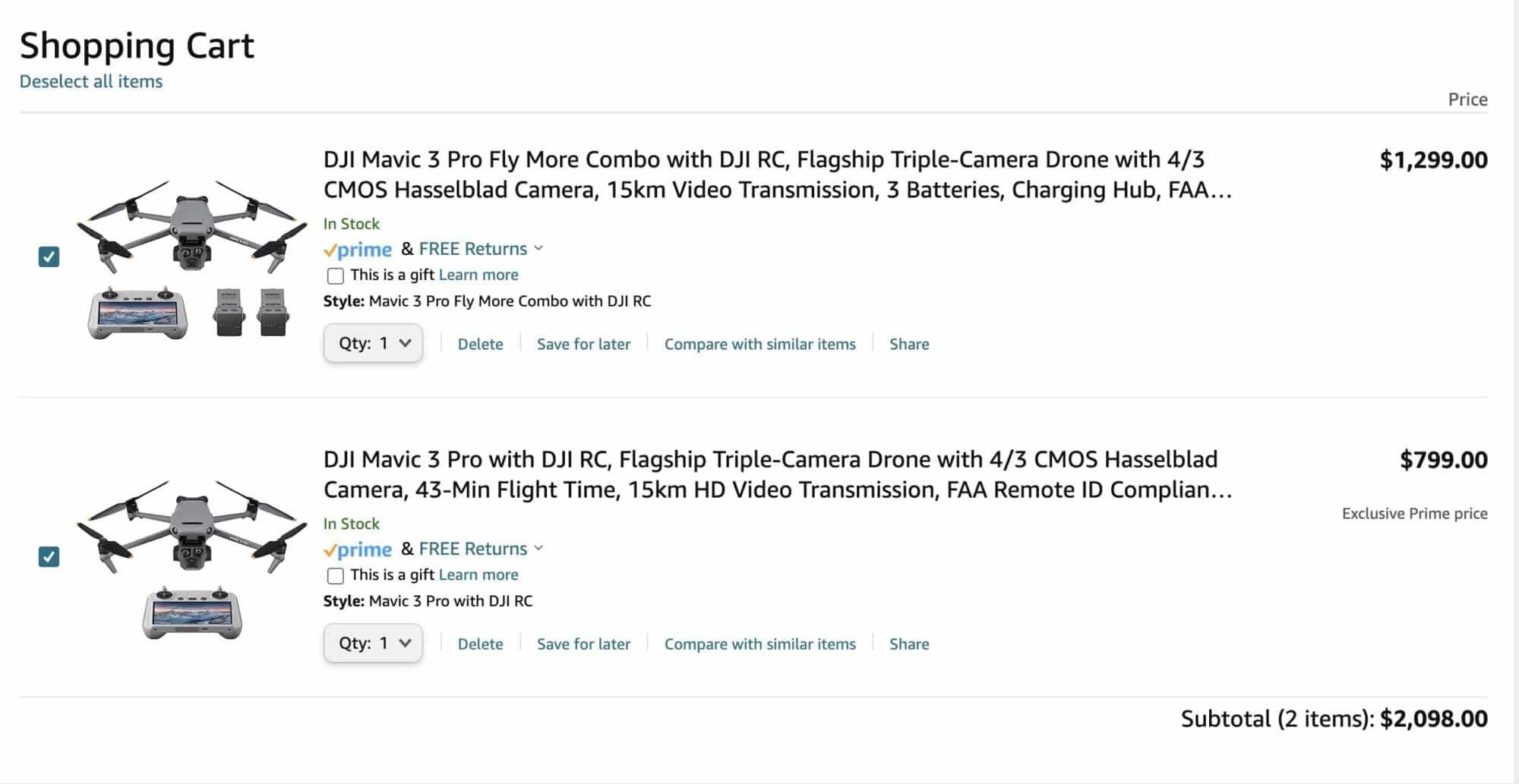 Screenshot of the DJI Mavic 3 Pro Fly More Combo discounted to $1,299 on Amazon.