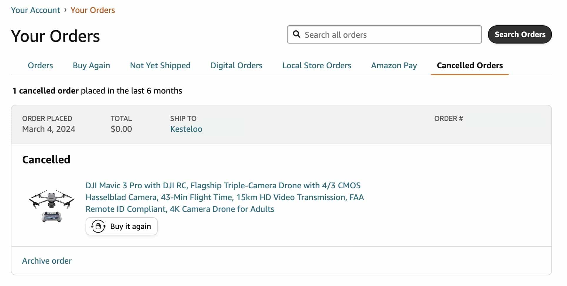 Screenshot of Amazon's notice that the Mavic 3 Pro order had been canceled.