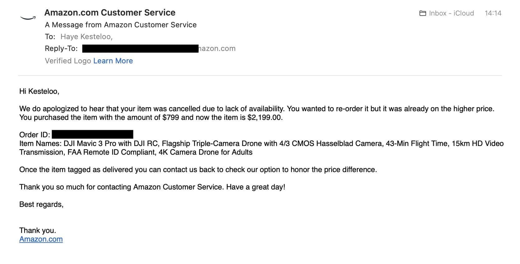 Screenshot of the canceled Mavic 3 Pro order in the Amazon account history.