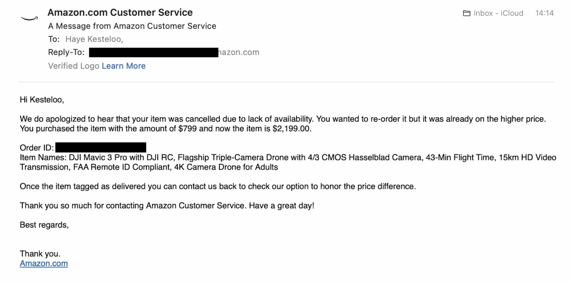 Screenshot of an Amazon customer service email apologizing for the cancellation.