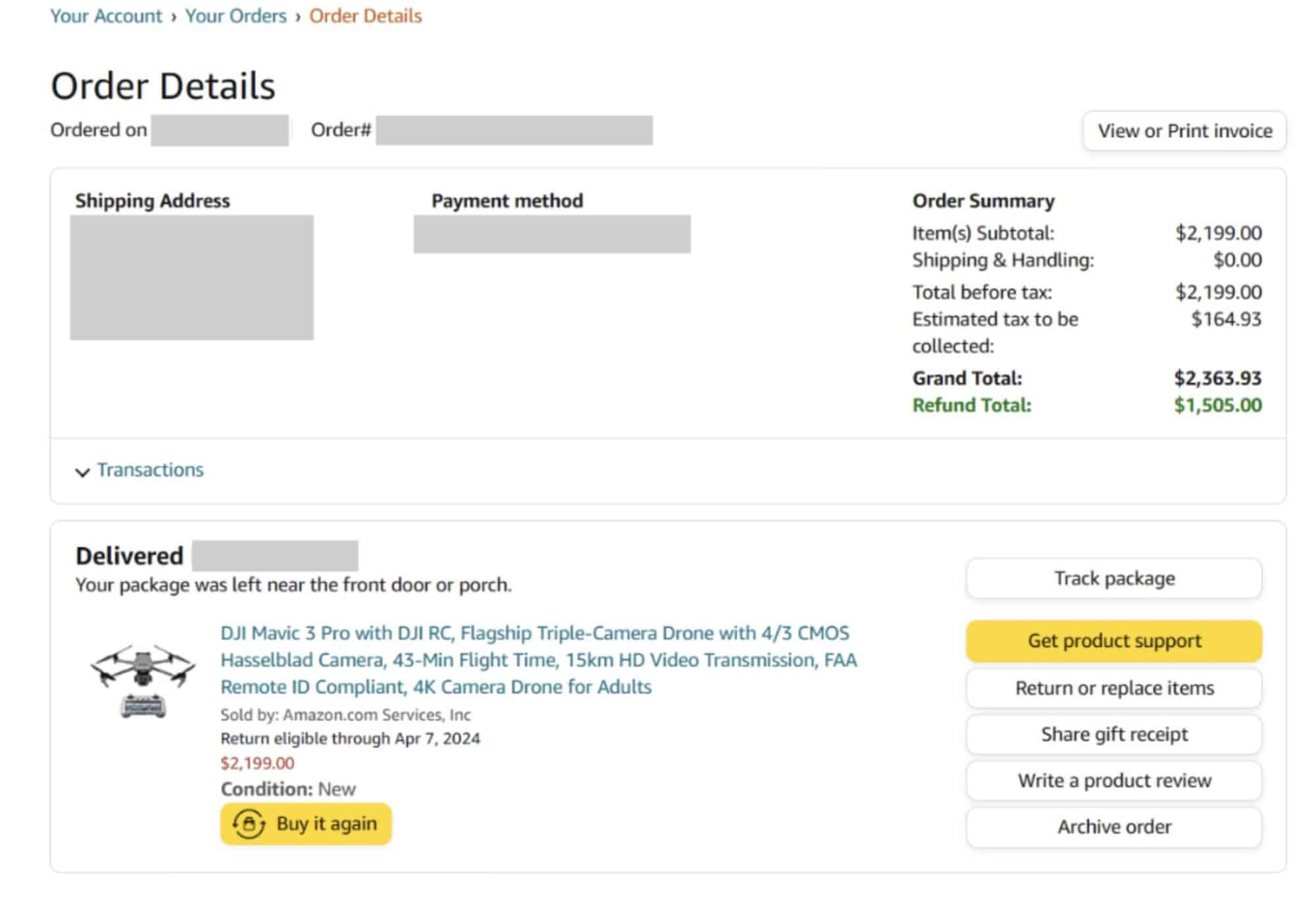 Screenshot of the message DroneXL reader Bill H. sent confirming his Amazon refund.