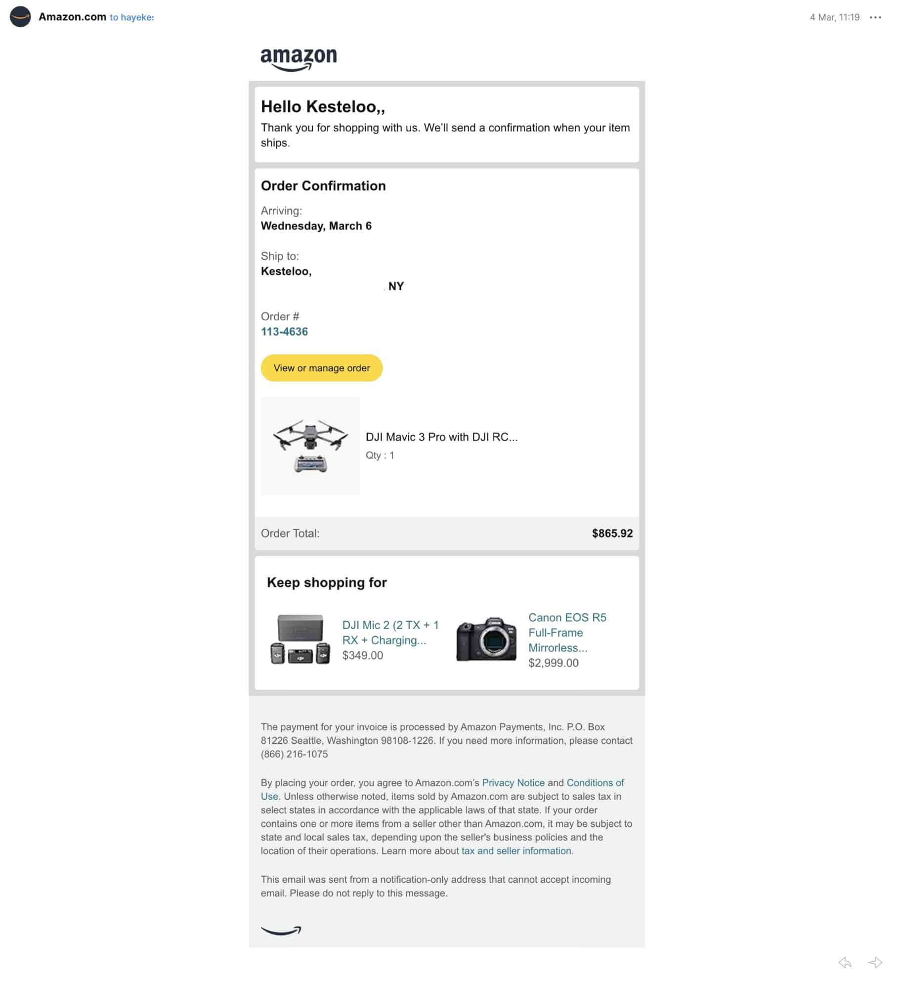 Screenshot of the order details promising delivery on Wednesday, March 6.