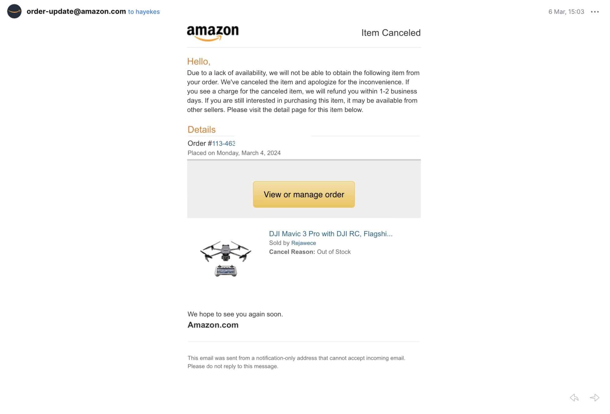 Screenshot of Amazon's email explaining the cancellation of the drone order.