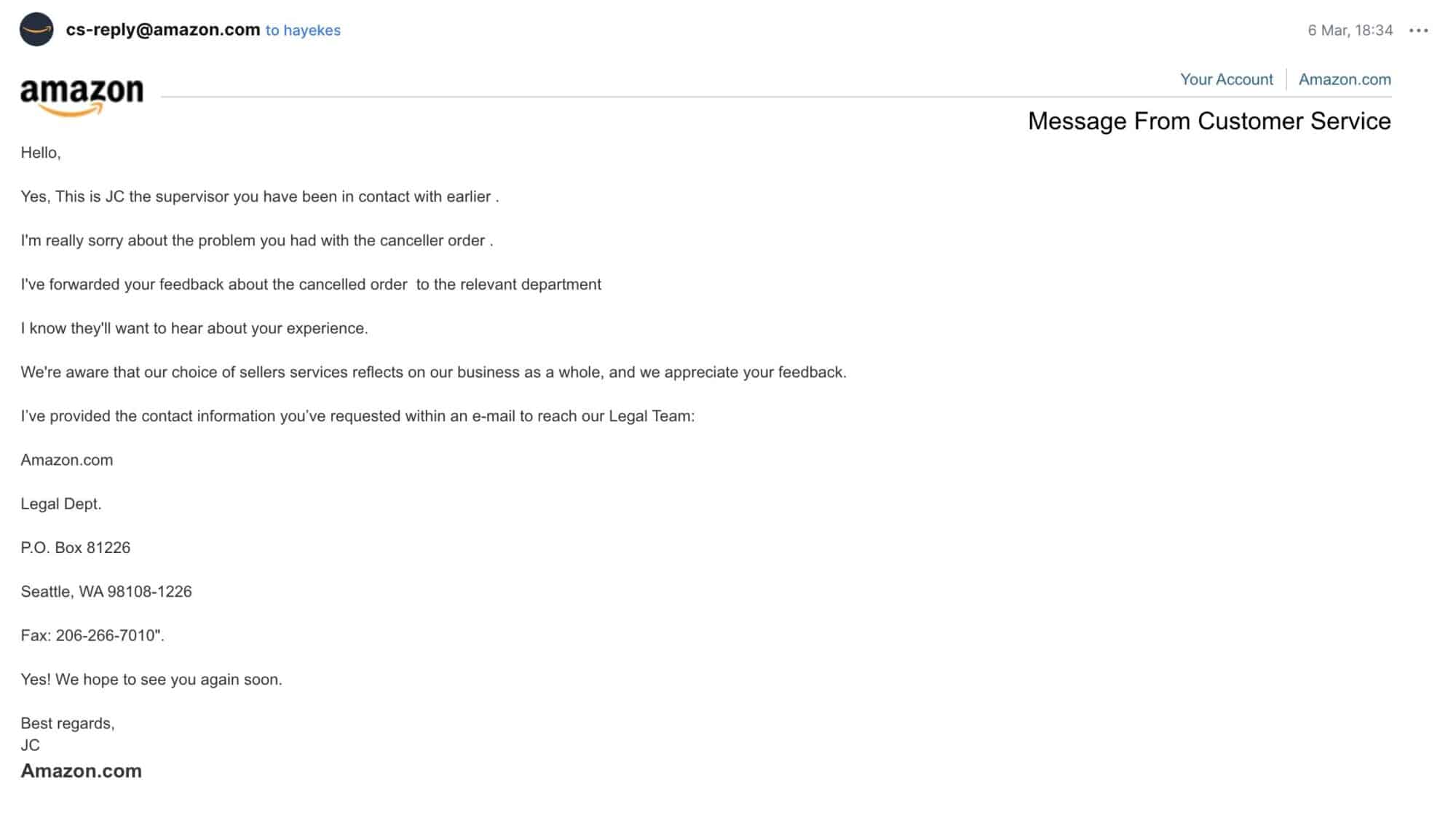 Screenshot of the email sent to Amazon supervisor JC with the order details.