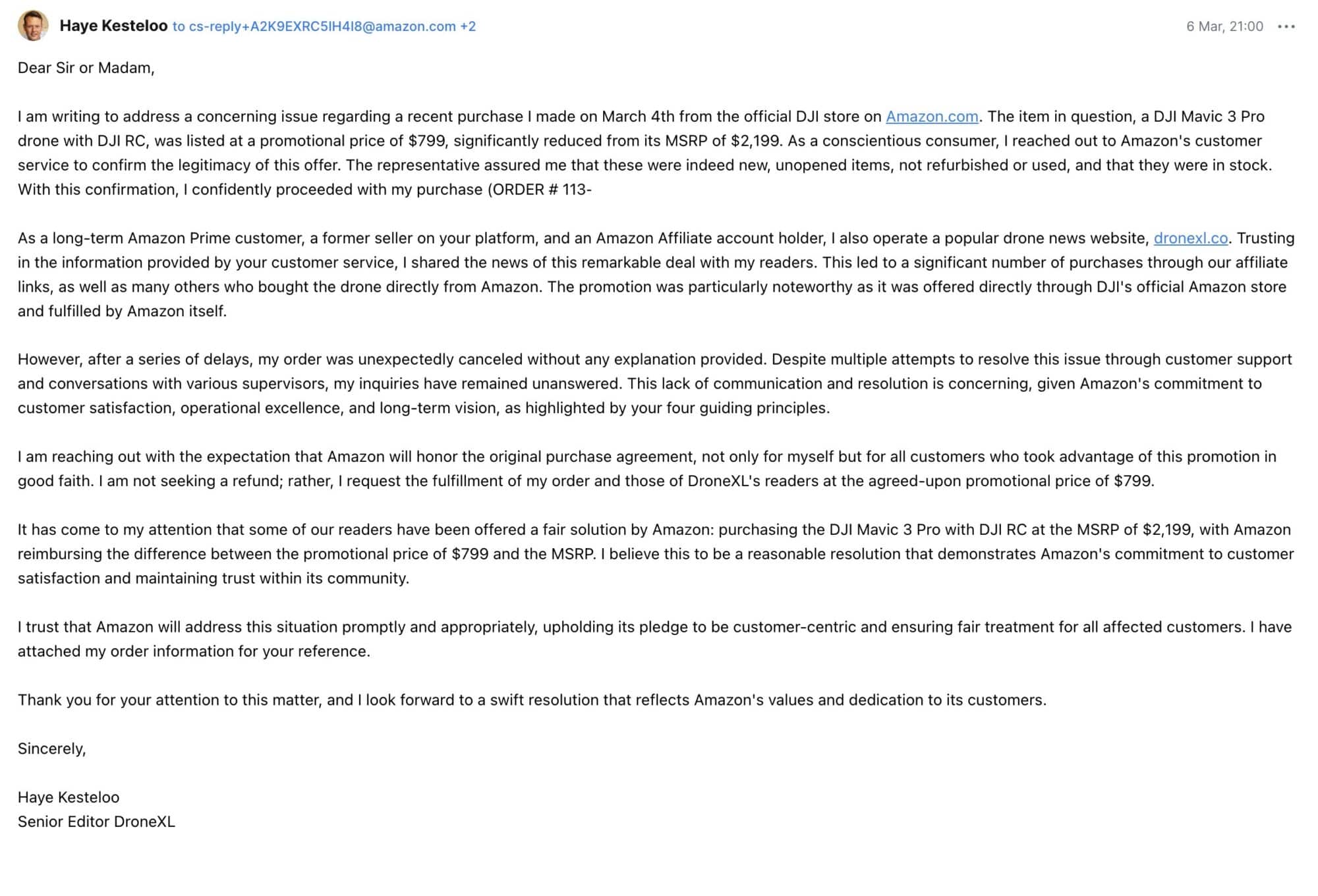 Screenshot of the remainder of that email to Amazon supervisor JC.