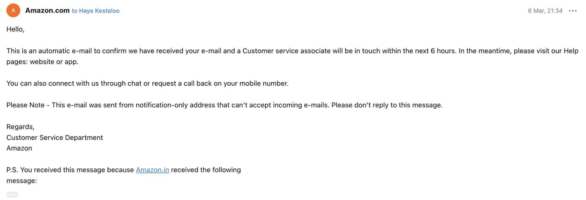Screenshot of Amazon's confirmation email received the same evening at 21:34.