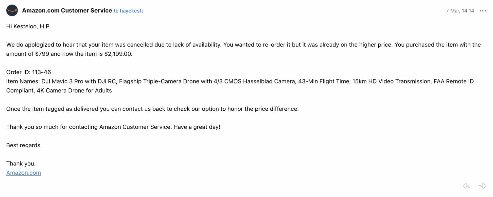 Screenshot of Amazon's email promising a refund after repurchasing the drone.
