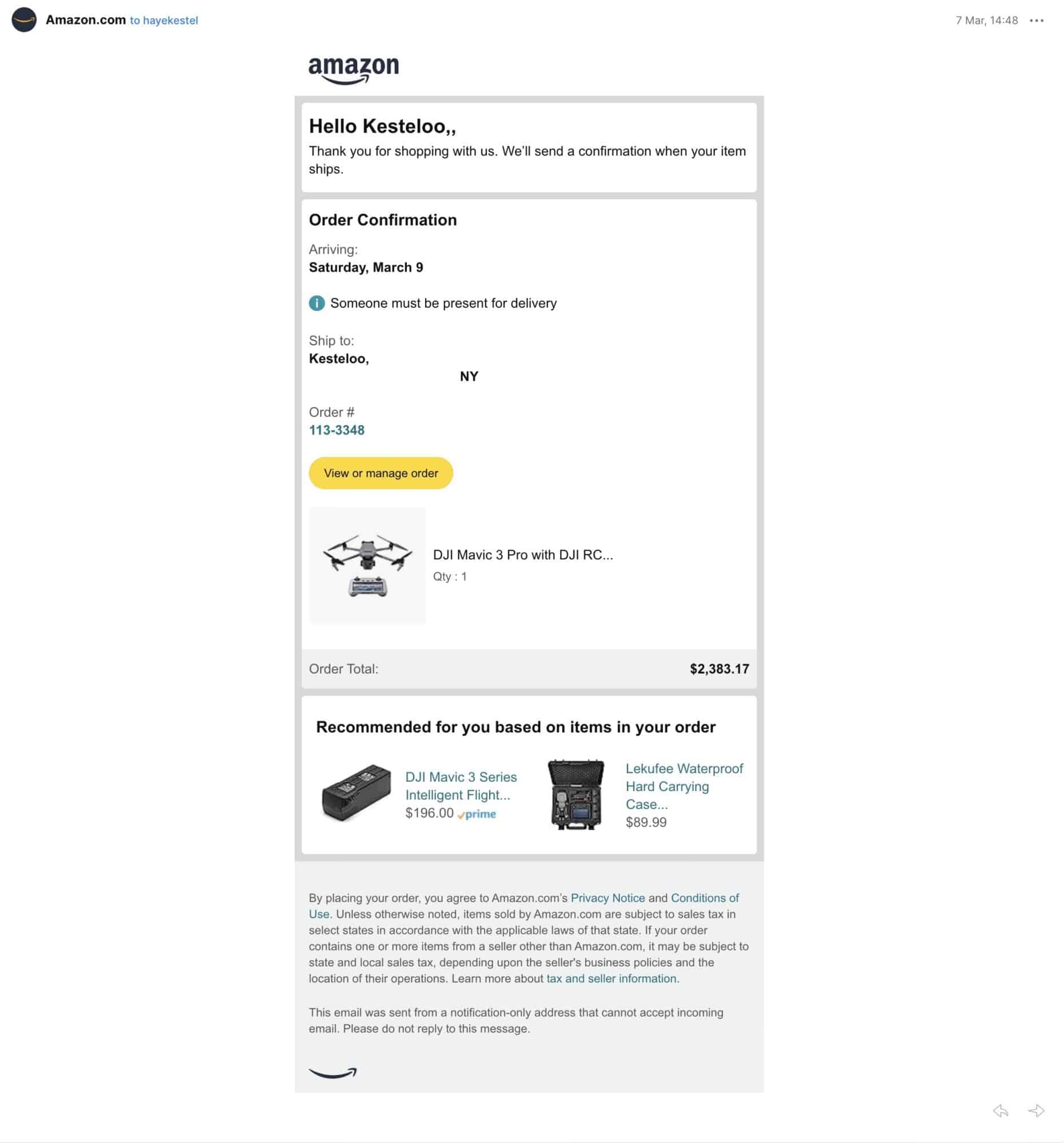Screenshot of the new order for a DJI Mavic 3 Pro at full retail price.