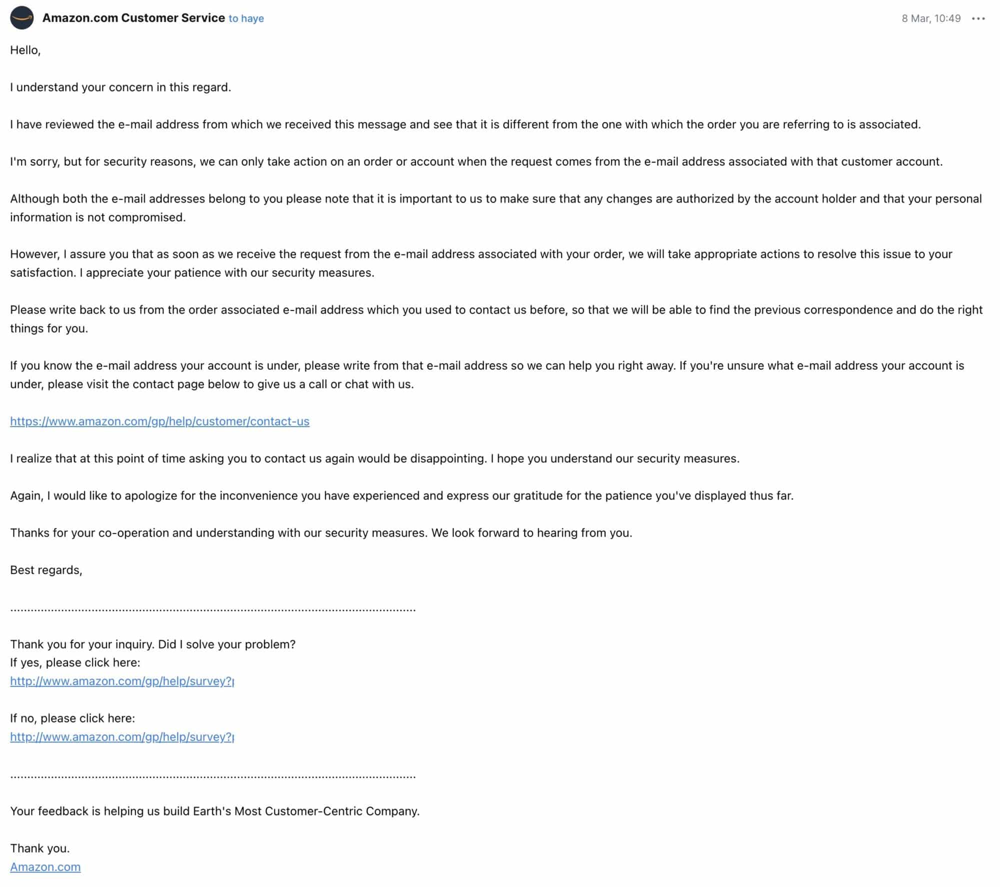 Screenshot of Amazon's reply saying the message came from the wrong address.