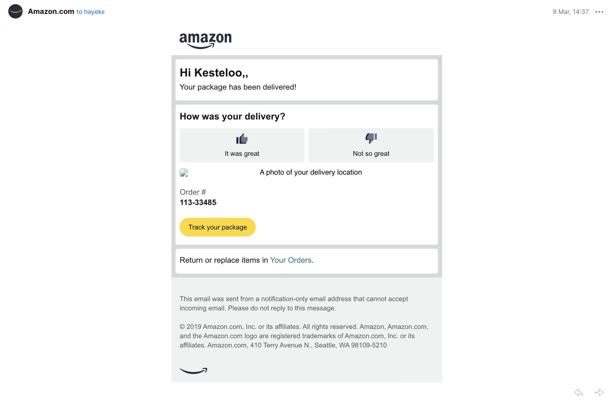 Screenshot of the delivery confirmation for the replacement Mavic 3 Pro on March 9.