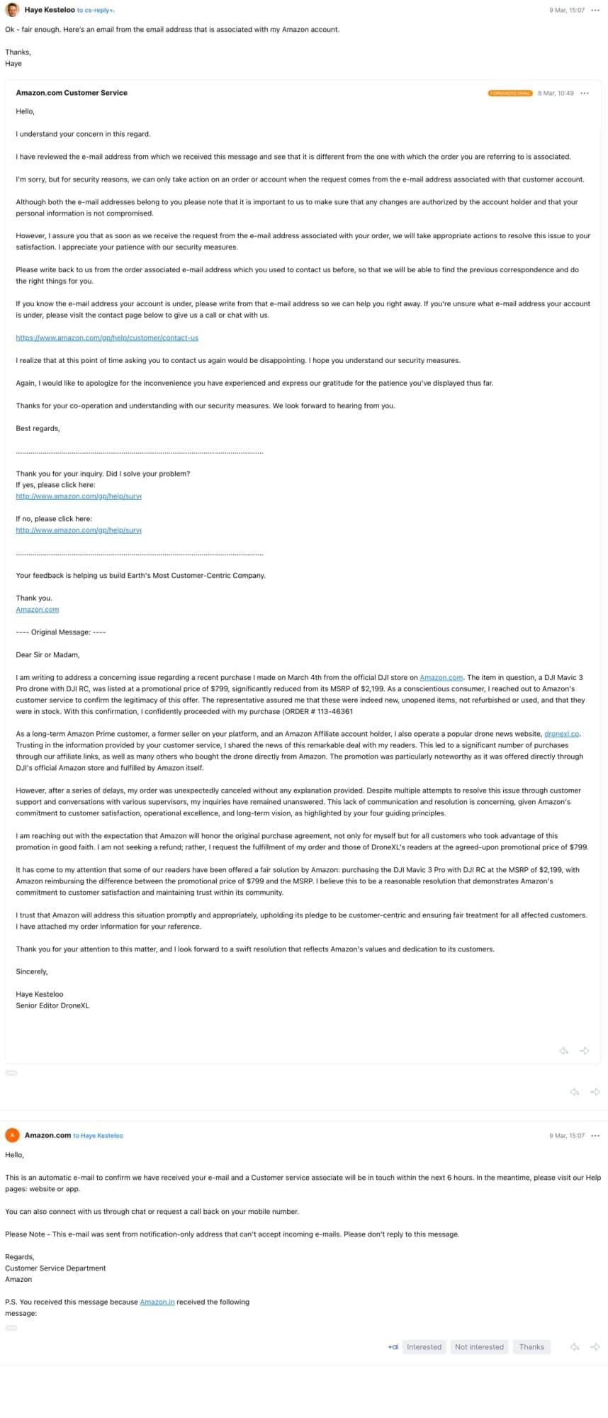 Screenshot of the reply resent to Amazon from the correct account email address.