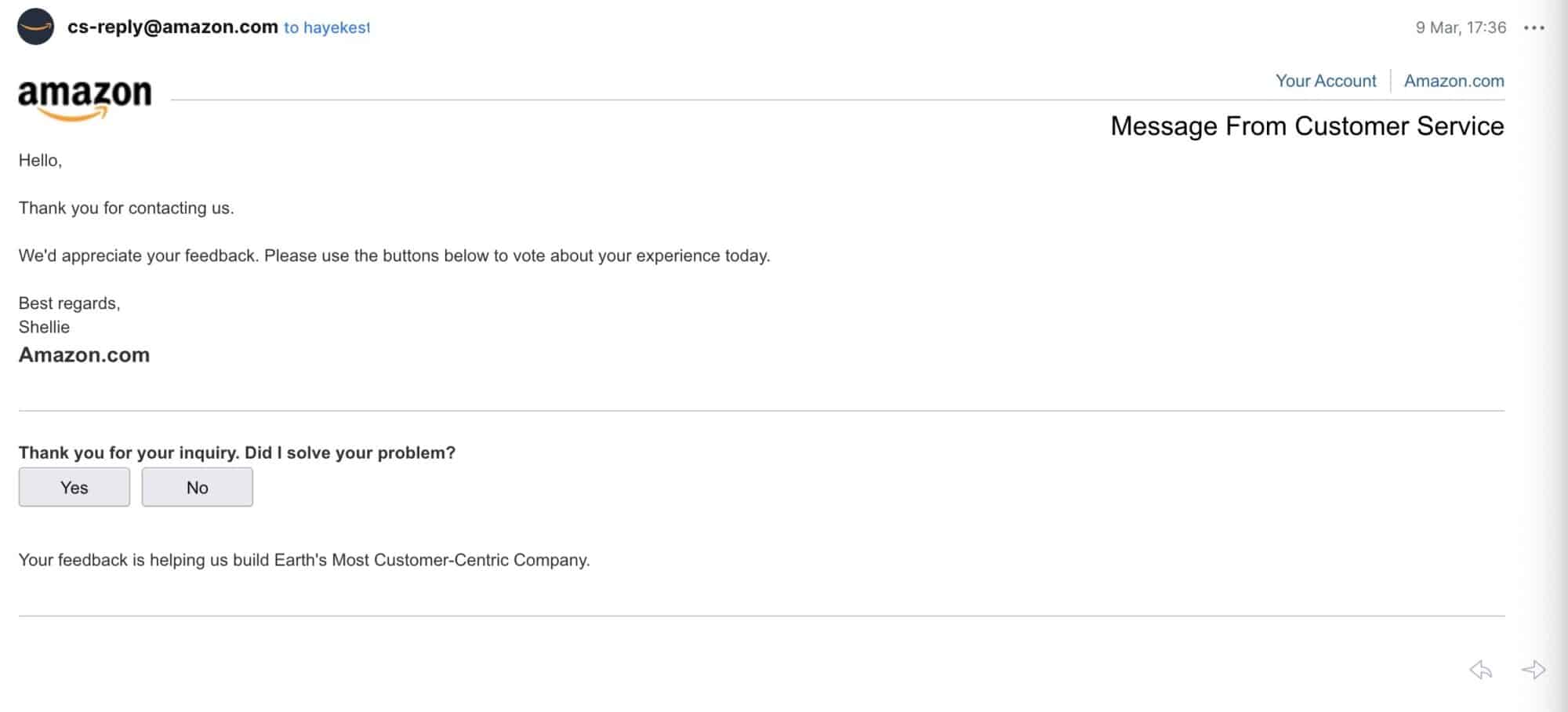 Screenshot of the refund request correspondence with Amazon customer service.
